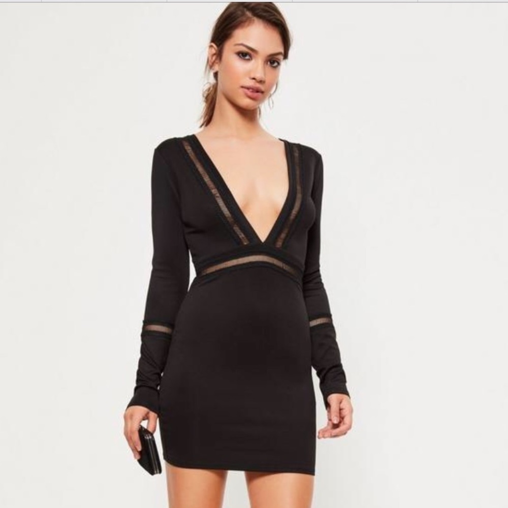 Missguided Black Plunge Mesh Bodycon Dress 6 Mini